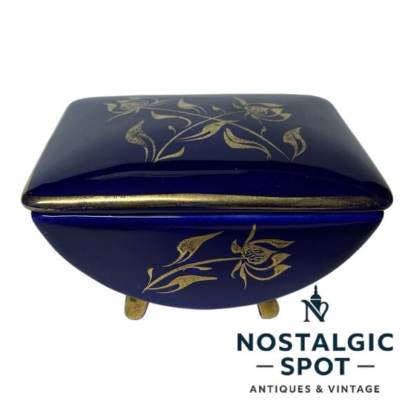 Vintage Porcelain Jewelry Box with Cobalt 14 karat Gold Painting Czechoslovakia 1960s Signed