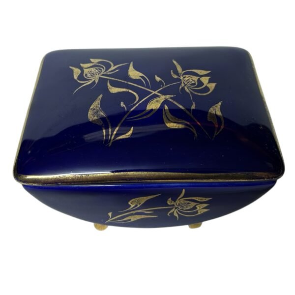 Vintage Porcelain Jewelry Box with Cobalt 14 karat Gold Painting Czechoslovakia 1960s Signed