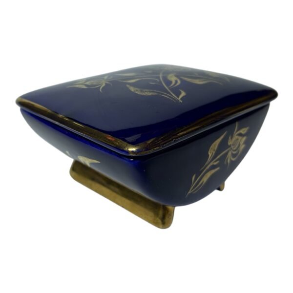 Vintage Porcelain Jewelry Box with Cobalt 14 karat Gold Painting Czechoslovakia 1960s Signed
