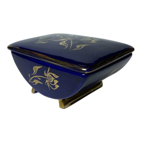 Vintage Porcelain Jewelry Box with Cobalt 14 karat Gold Painting Czechoslovakia 1960s Signed