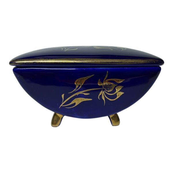Vintage Porcelain Jewelry Box with Cobalt 14 karat Gold Painting Czechoslovakia 1960s Signed